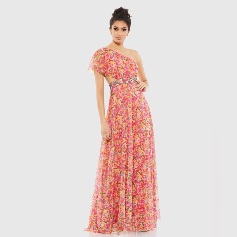 Mac Duggal Pink Multi Floral One-Shoulder Evening Gown
